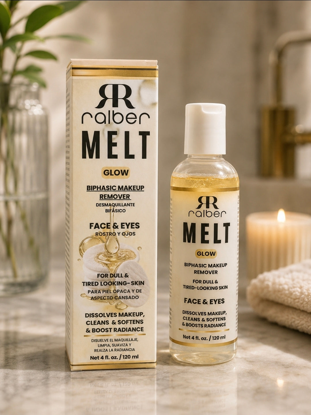 Ralber MELT GLOW – Biphasic Makeup Remover for Face & Eyes, 4 fl oz / 120 ml