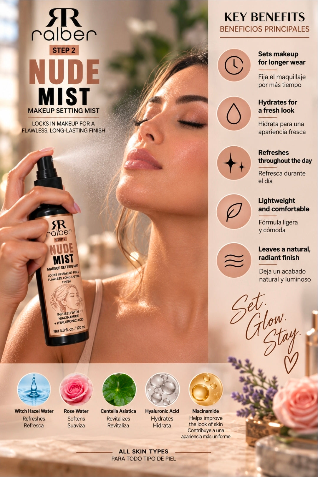 Ralber Nude Mist – Makeup Setting Spray with Niacinamide & Hyaluronic Acid, 4 fl oz / 120 mL