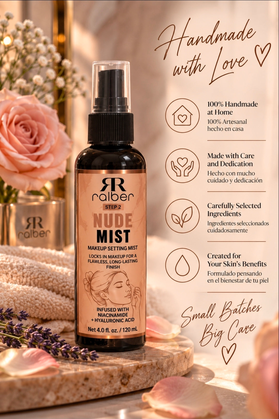Ralber Nude Mist – Makeup Setting Spray with Niacinamide & Hyaluronic Acid, 4 fl oz / 120 mL