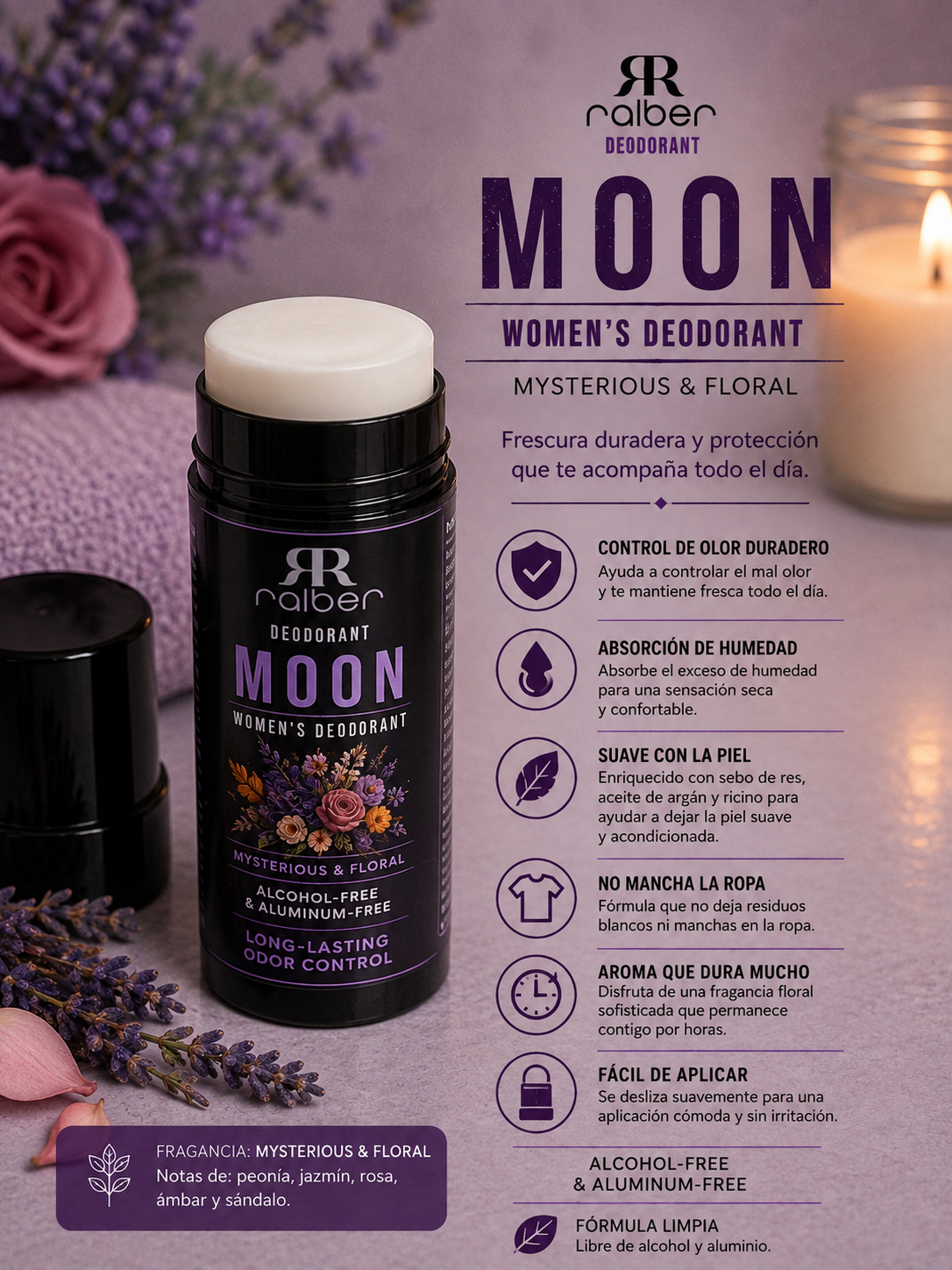 Ralber Moon Women’s Deodorant – Mysterious & Floral, Alcohol-Free & Aluminum-Free