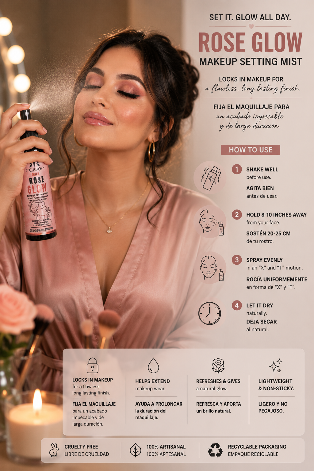 Ralber Rose Glow Makeup Setting Mist – Rose Water, Niacinamide & Hyaluronic Acid | 4 fl oz / 120 mL