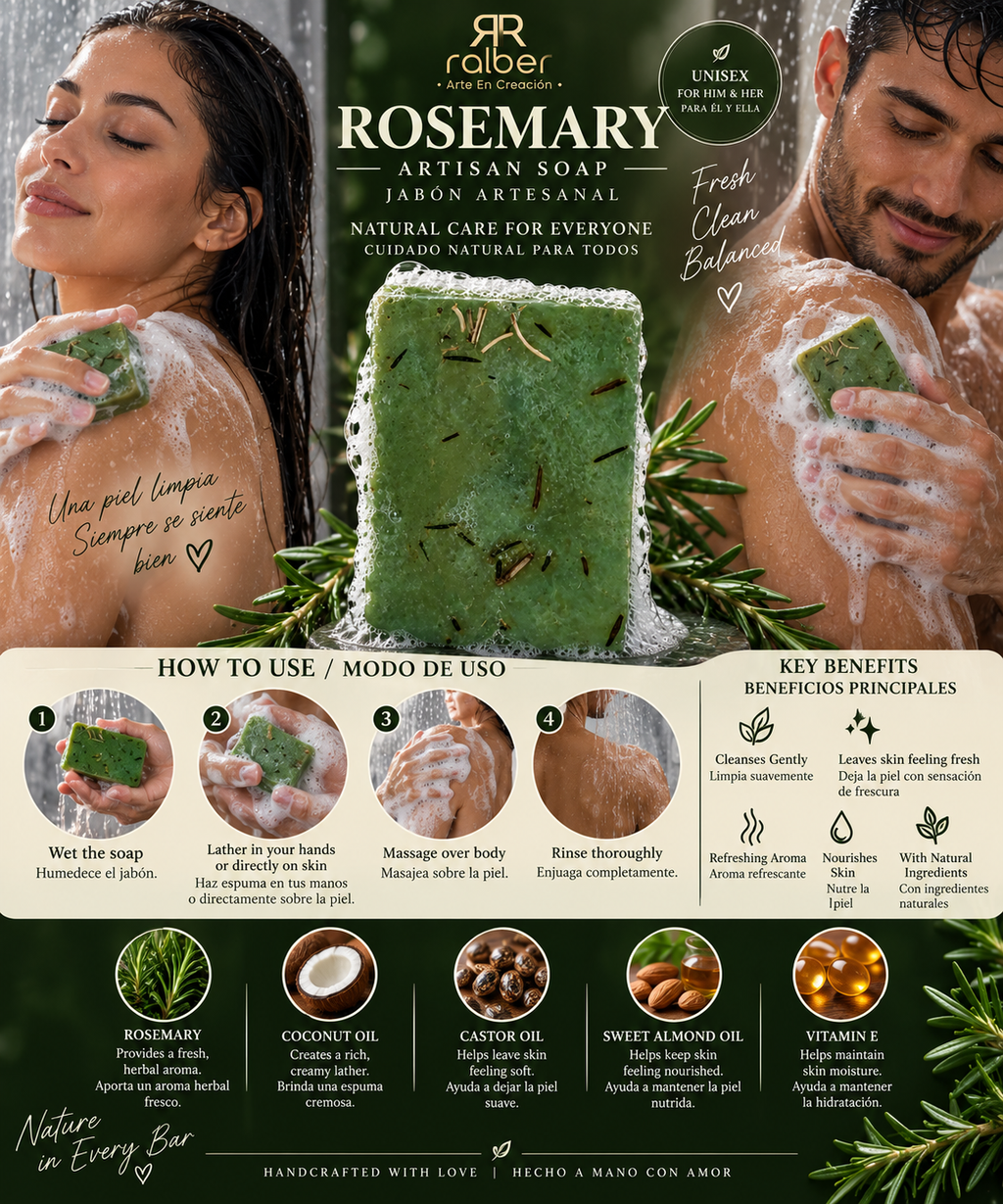 Ralber Rosemary Artisan Soap – Herbal & Natural Care / Net Wt. 3.5 oz (100 g).
