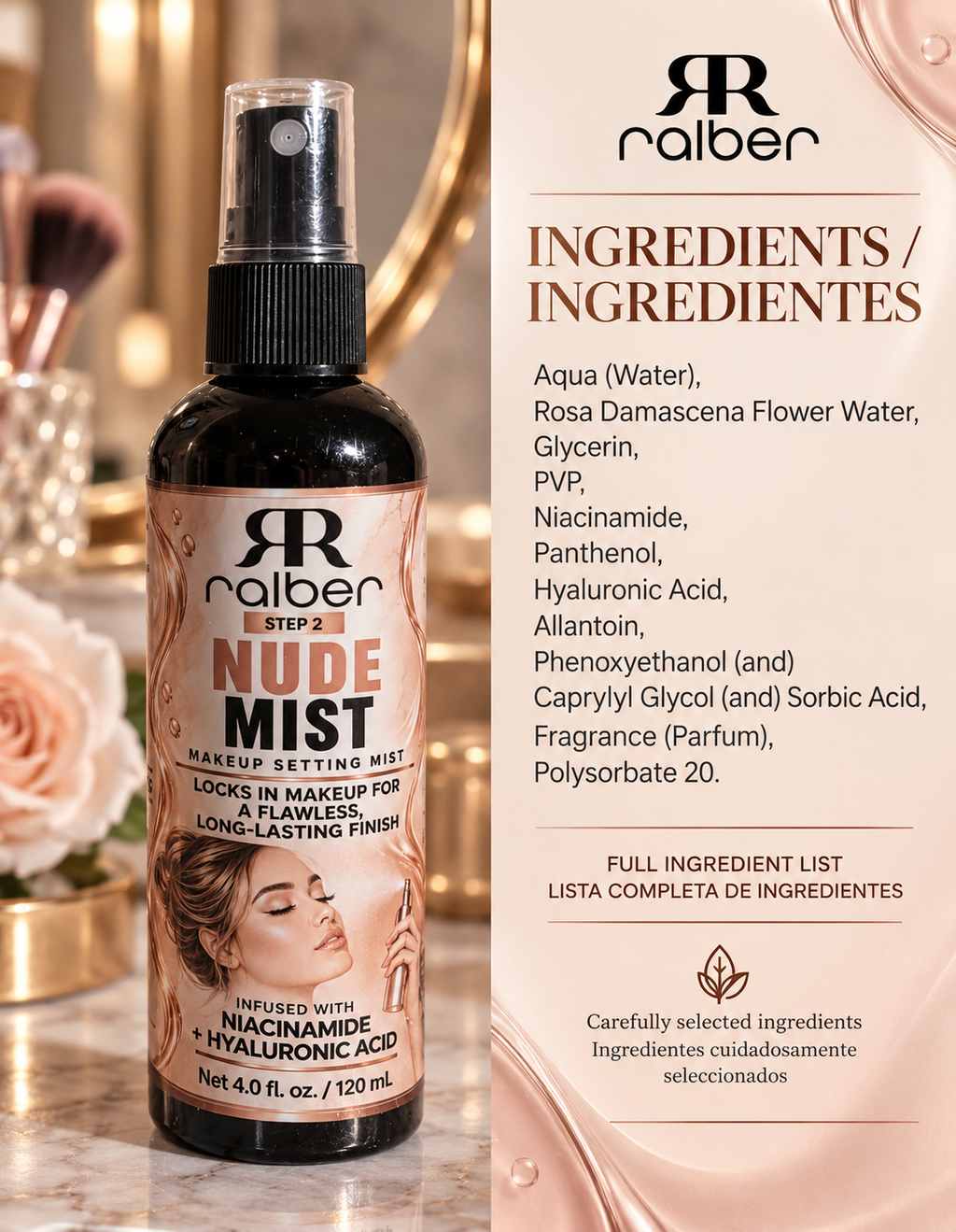 Ralber Nude Mist – Makeup Setting Spray with Niacinamide & Hyaluronic Acid, 4 fl oz / 120 mL