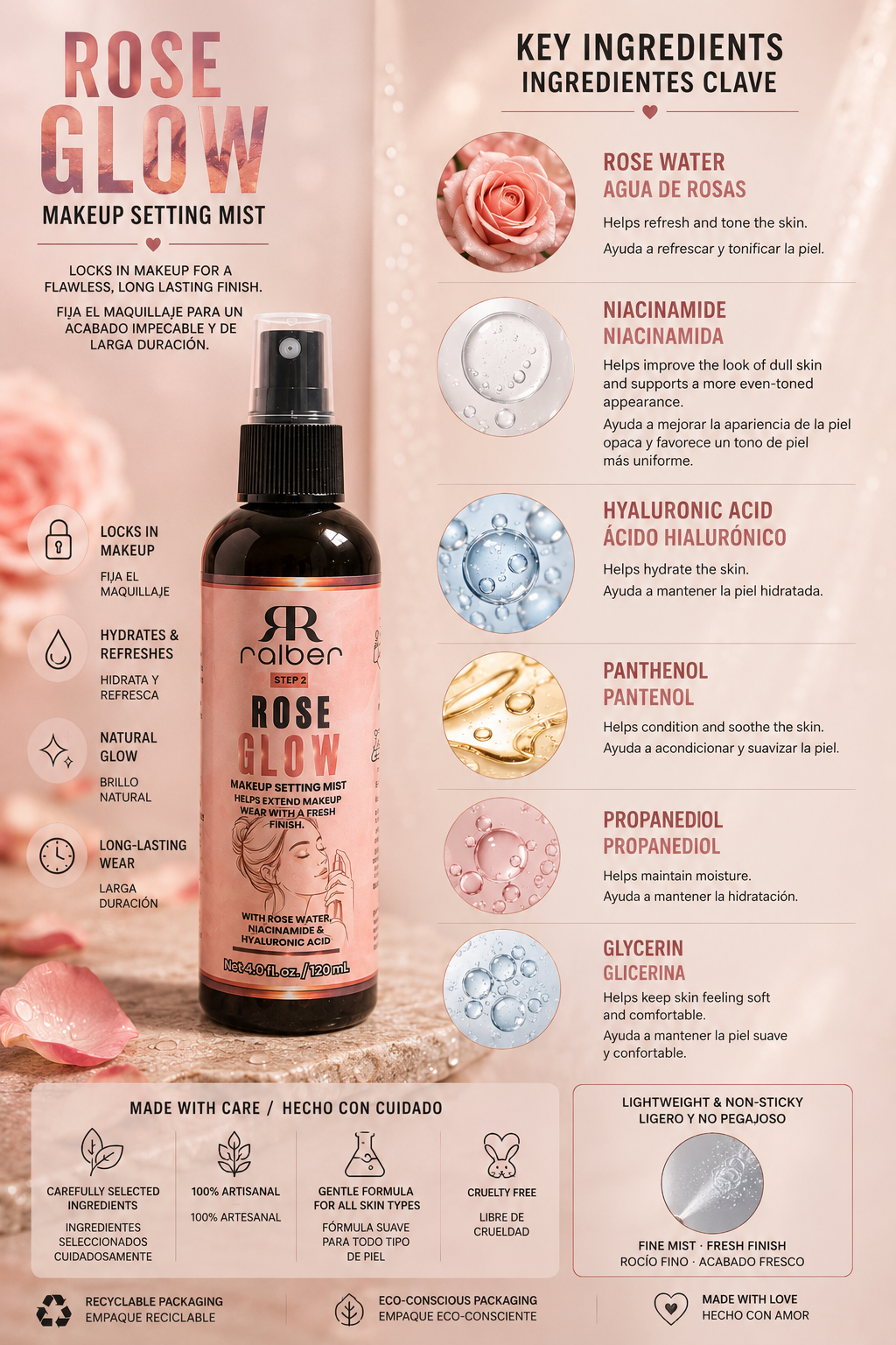 Ralber Rose Glow Makeup Setting Mist – Rose Water, Niacinamide & Hyaluronic Acid | 4 fl oz / 120 mL