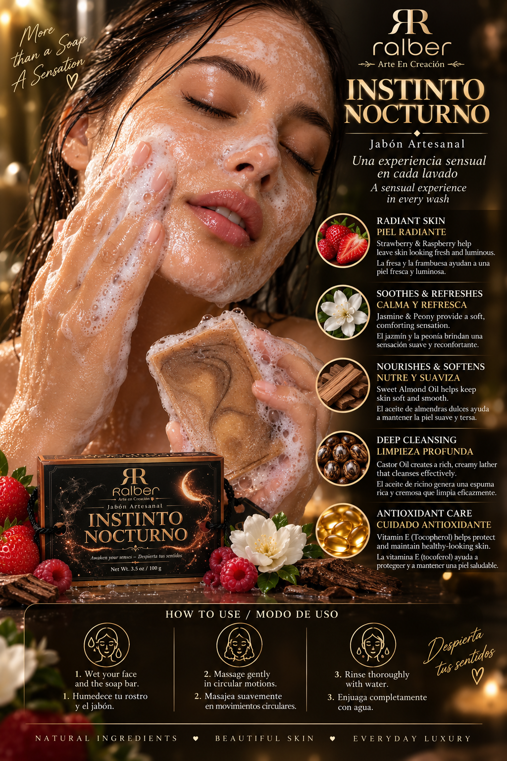 Ralber Instinto Nocturno – Artisan Soap | Strawberry, Raspberry & Jasmine | 3.5 oz