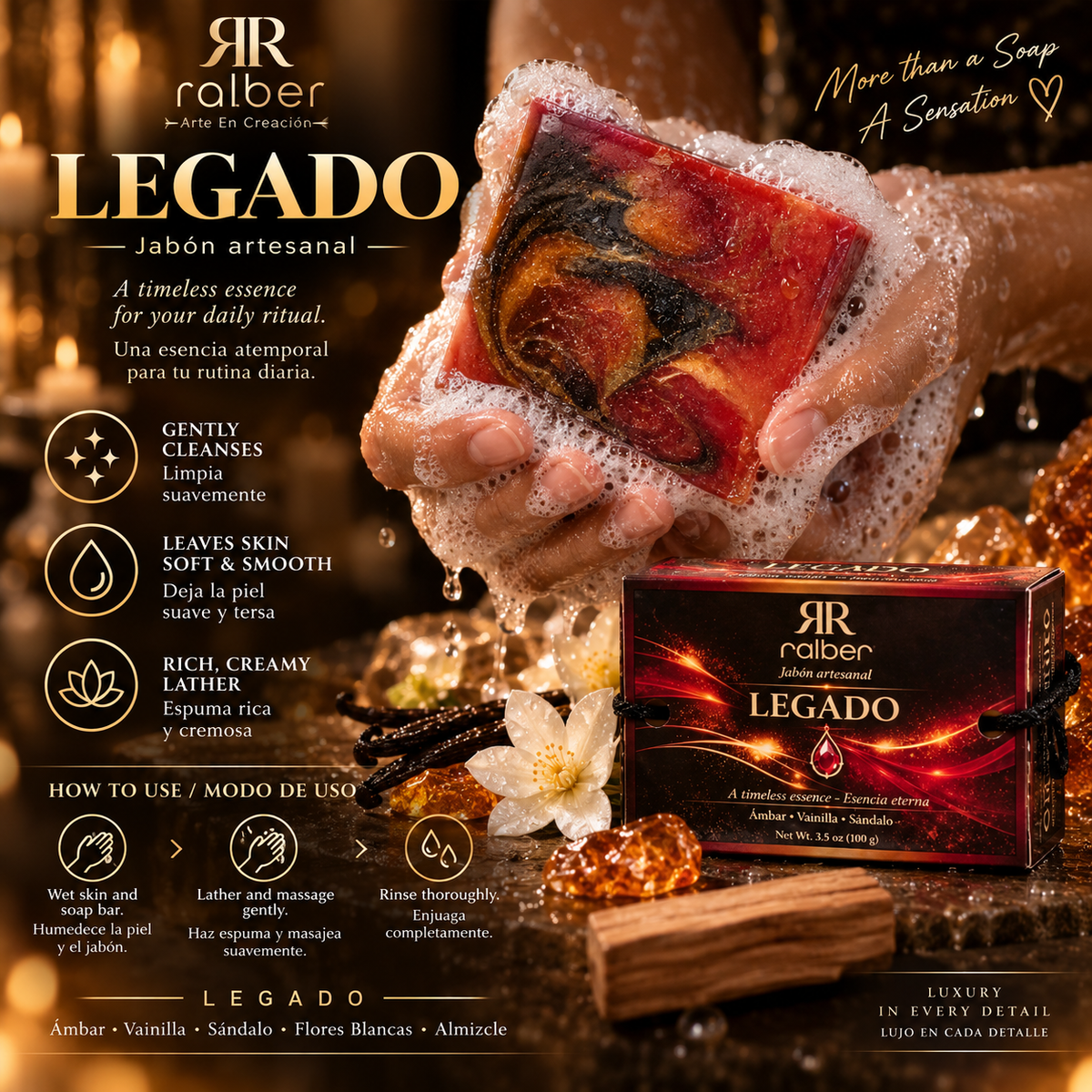 Ralber LEGADO – Artisan Soap | Amber, Vanilla & Sandalwood | 3.5 oz (100 g)