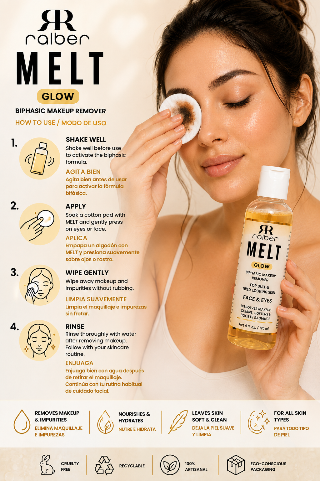 Ralber MELT GLOW – Biphasic Makeup Remover for Face & Eyes, 4 fl oz / 120 ml