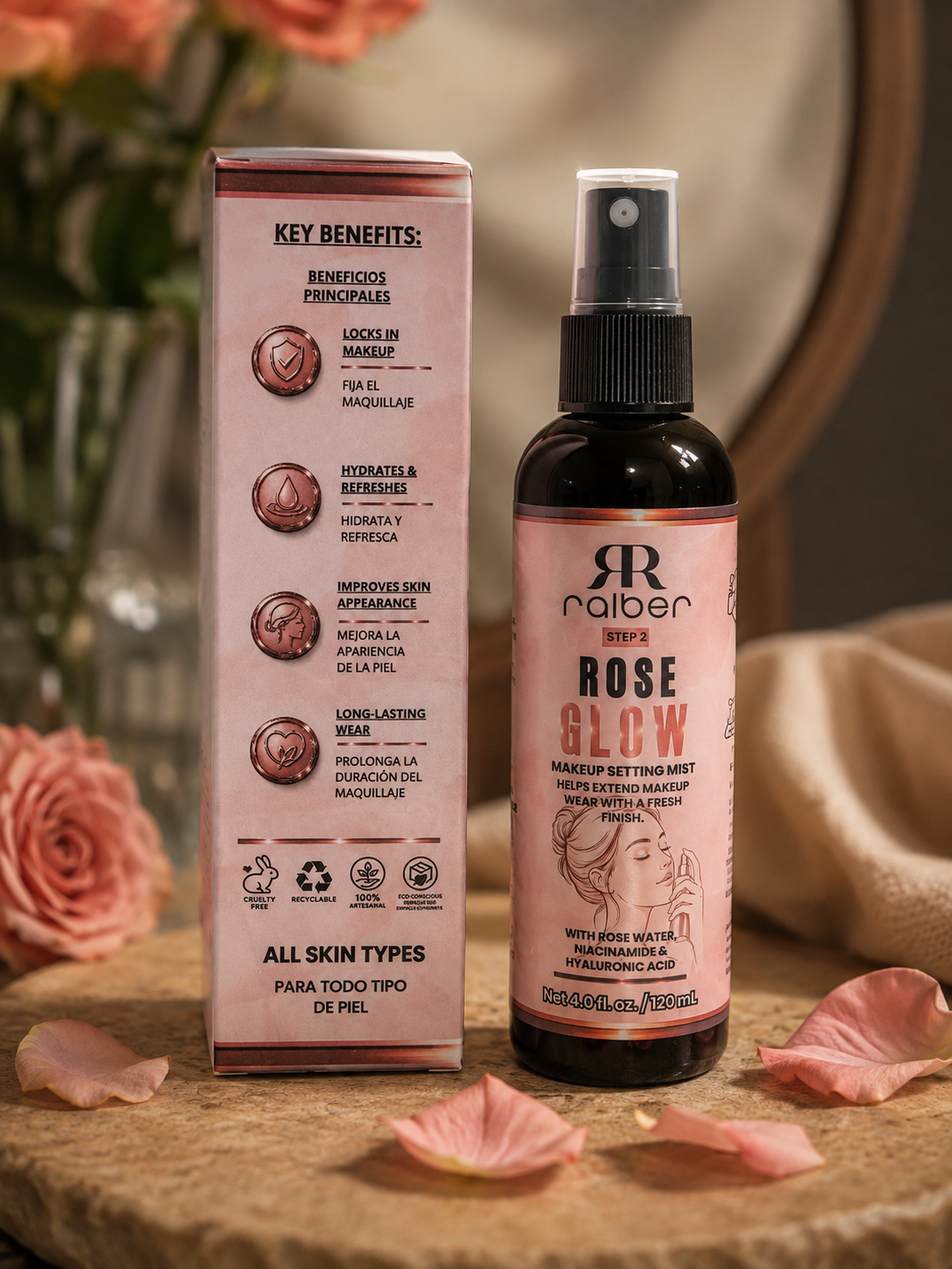 Ralber Rose Glow Makeup Setting Mist – Rose Water, Niacinamide & Hyaluronic Acid | 4 fl oz / 120 mL