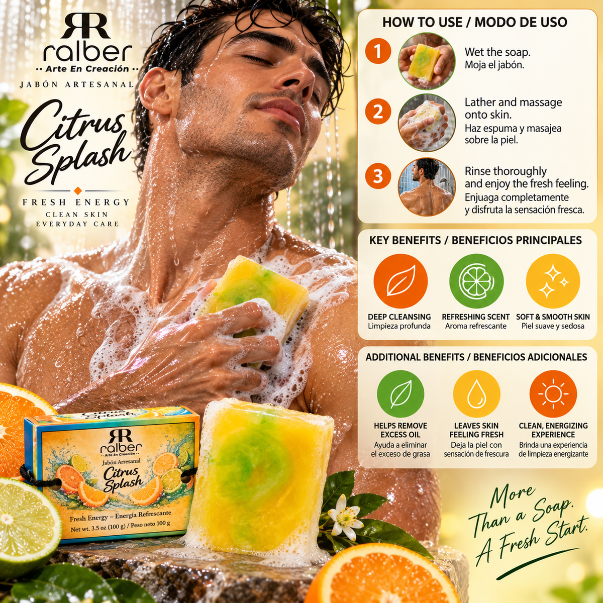 Ralber Citrus Splash Artisan Soap
Net Wt. 3.5 oz (100 g)