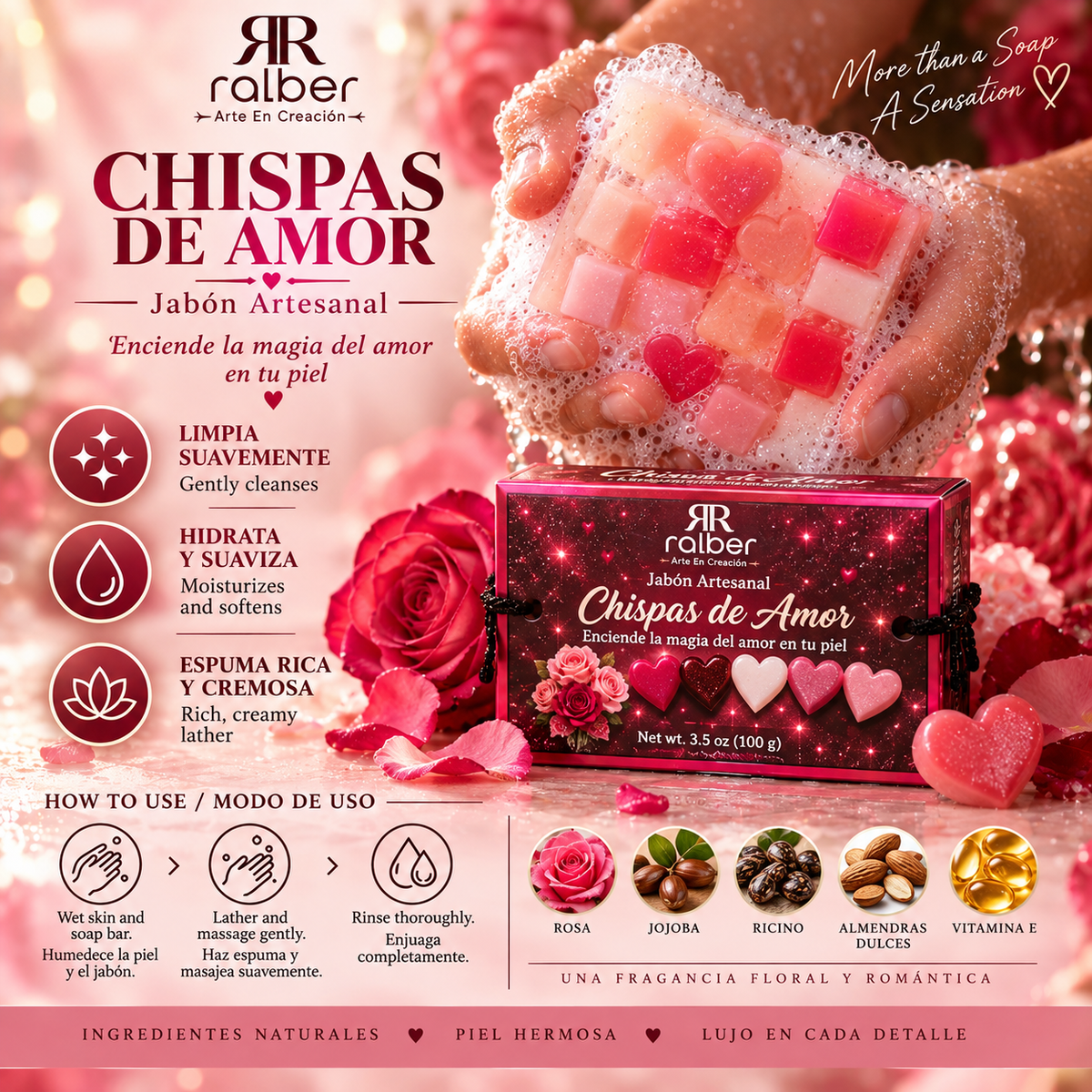 Ralber Chispas de Amor – Artisan Soap | Rose & Jojoba | 3.5 oz (100 g)
