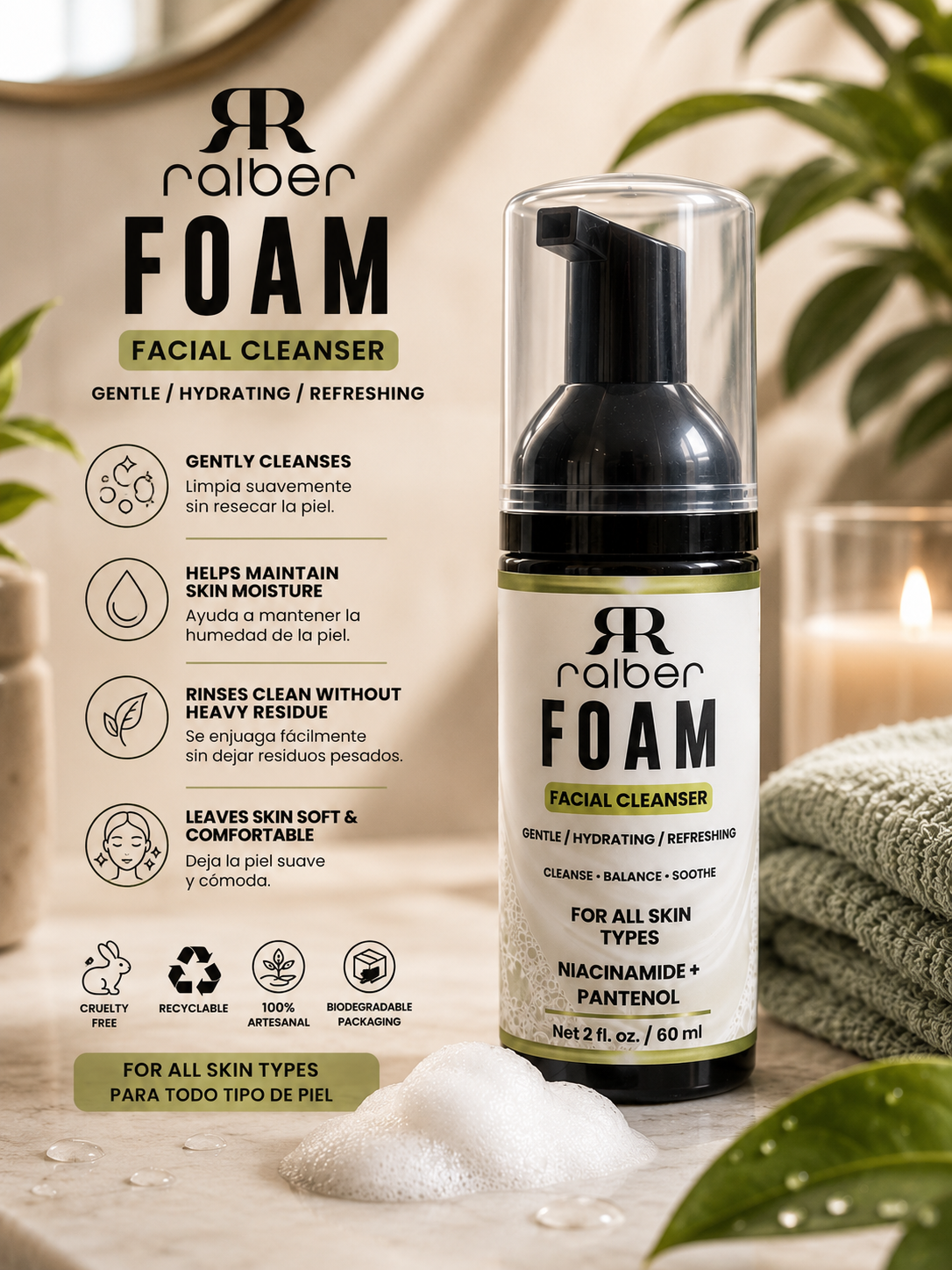 Ralber FOAM Facial Cleanser – Limpiador Facial Suave e Hidratante 2 oz / 60 mL