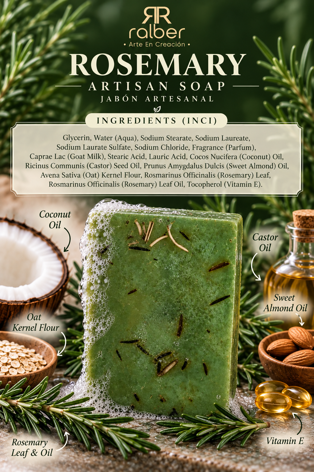 Ralber Rosemary Artisan Soap – Herbal & Natural Care / Net Wt. 3.5 oz (100 g).