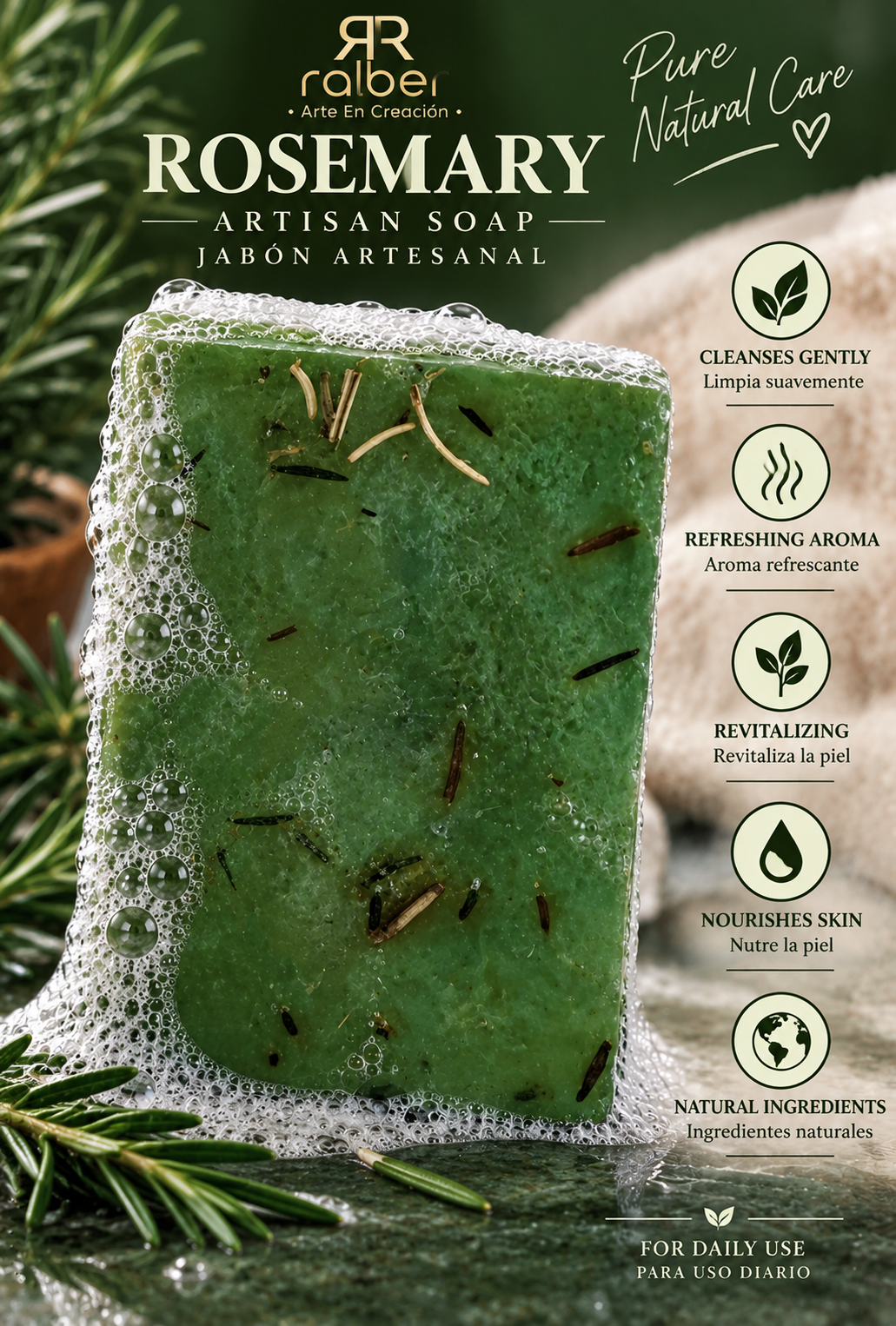 Ralber Rosemary Artisan Soap – Herbal & Natural Care / Net Wt. 3.5 oz (100 g).