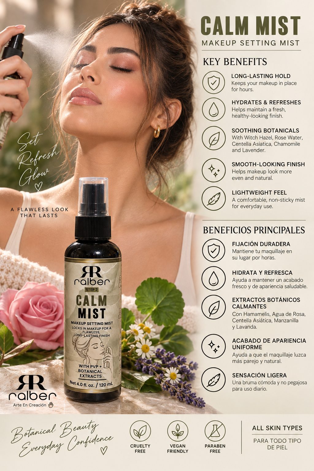 Ralber Calm Mist – Makeup Setting Mist with PVP & Botanical Extracts, 4 fl oz / 120 mL