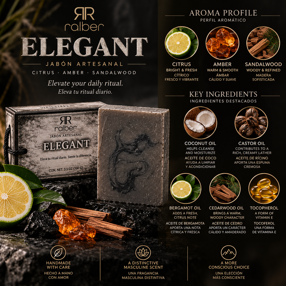Ralber ELEGANT — Artisan Soap for Men |Citrus, Amber & Sandalwood | 3.5 oz (100 g)