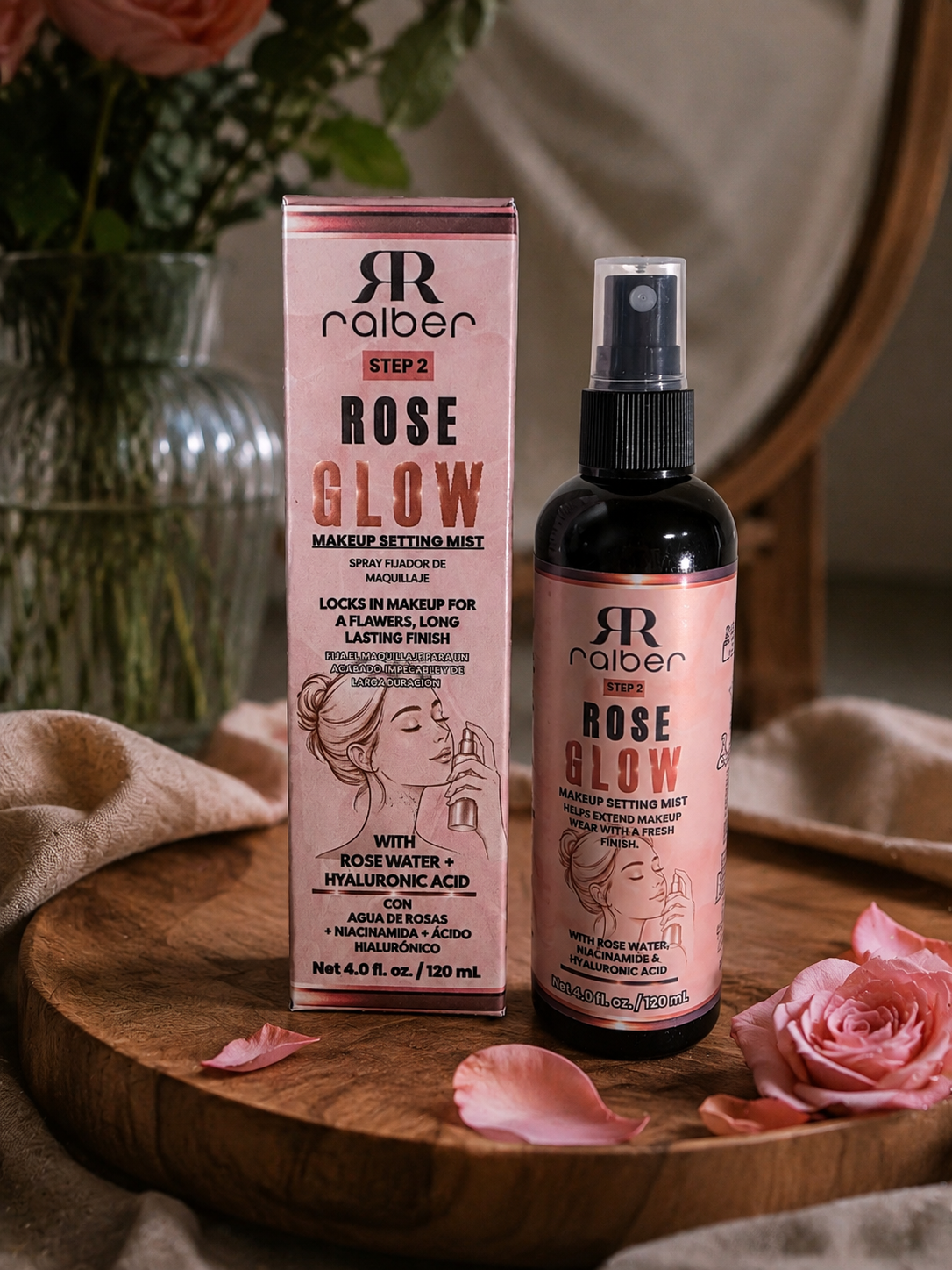 Ralber Rose Glow Makeup Setting Mist – Rose Water, Niacinamide & Hyaluronic Acid | 4 fl oz / 120 mL