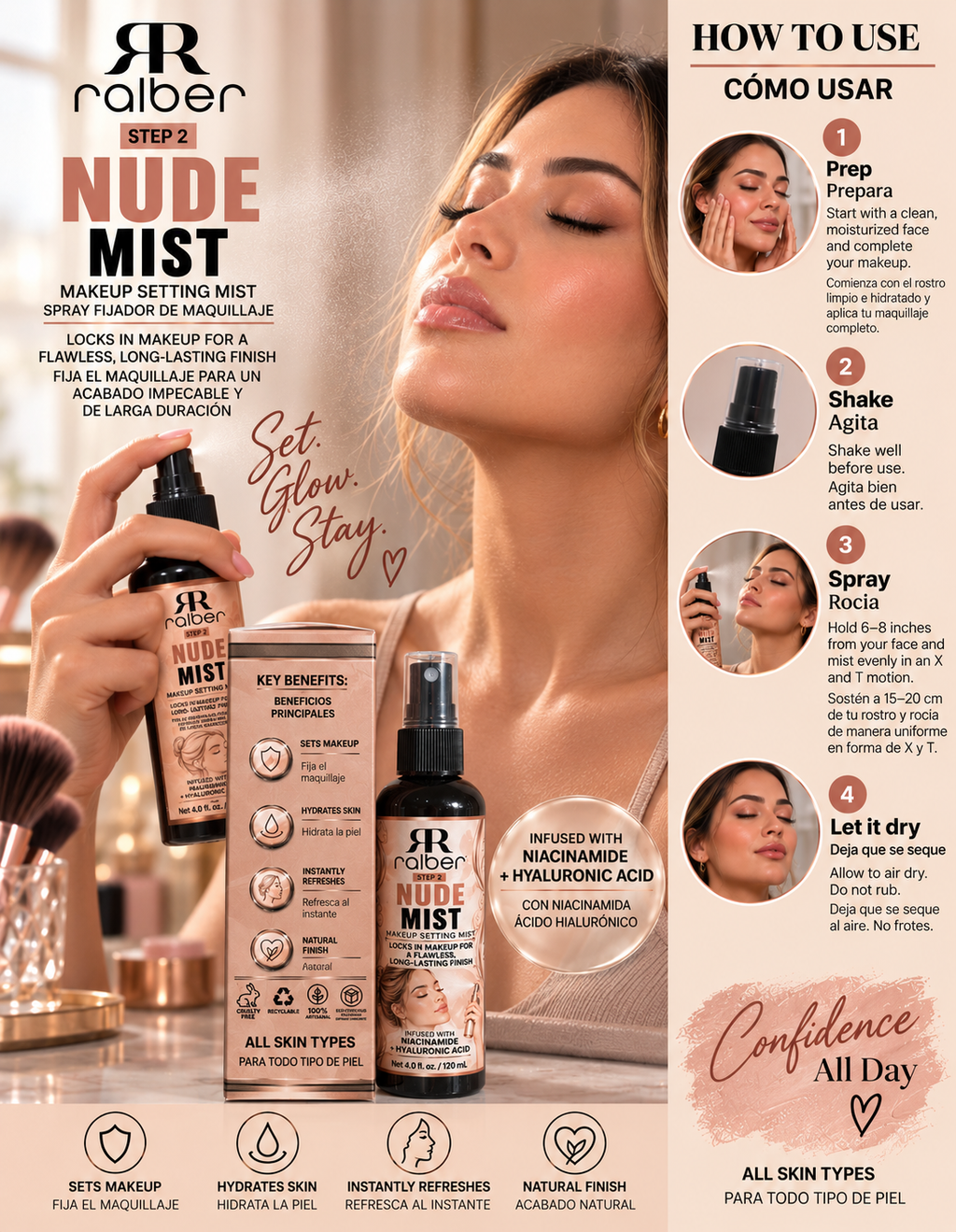 Ralber Nude Mist – Makeup Setting Spray with Niacinamide & Hyaluronic Acid, 4 fl oz / 120 mL