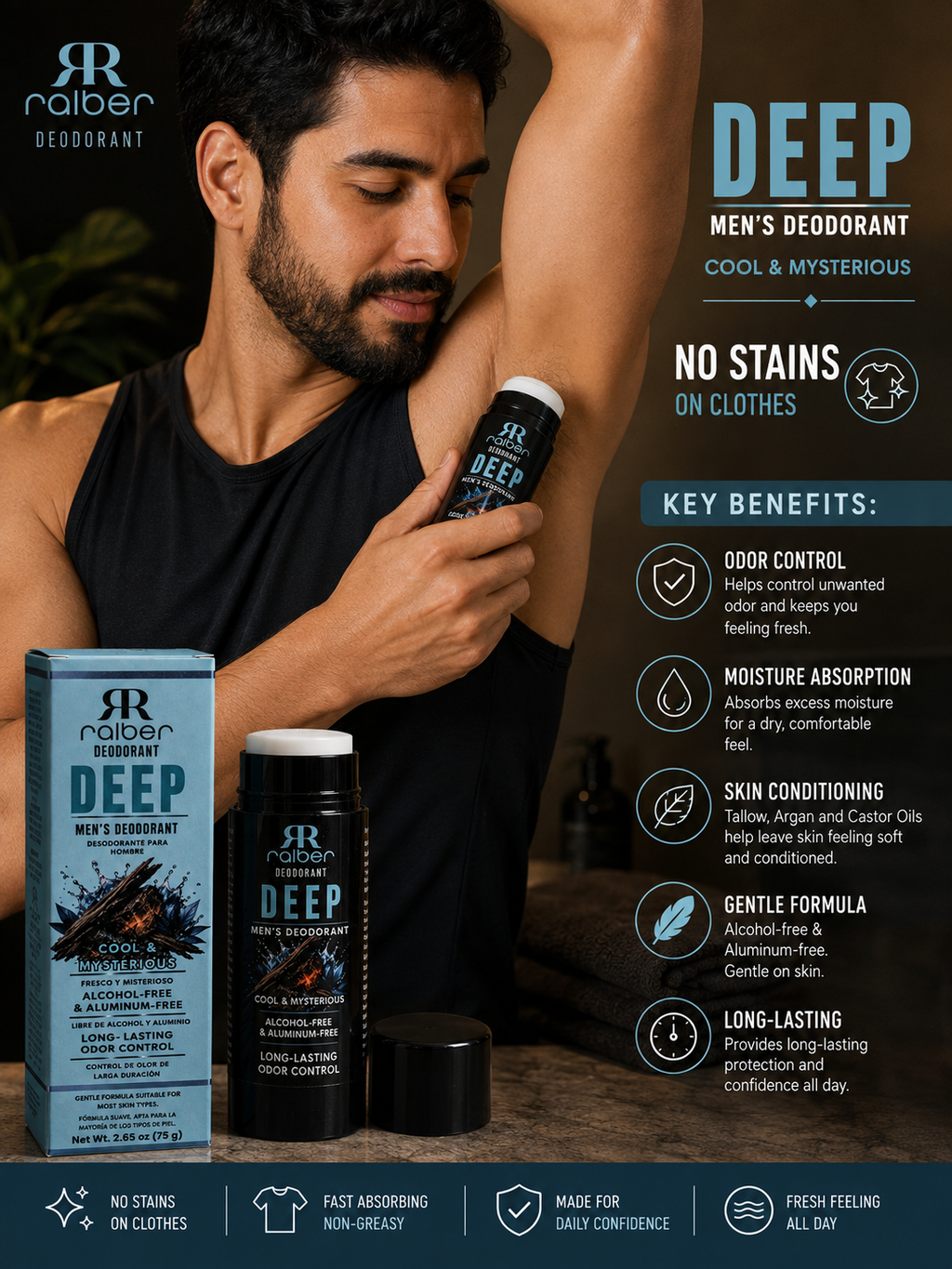 DEEP MEN’S DEODORANT
COOL & MYSTERIOUS
ALCOHOL-FREE & ALUMINUM-FREE